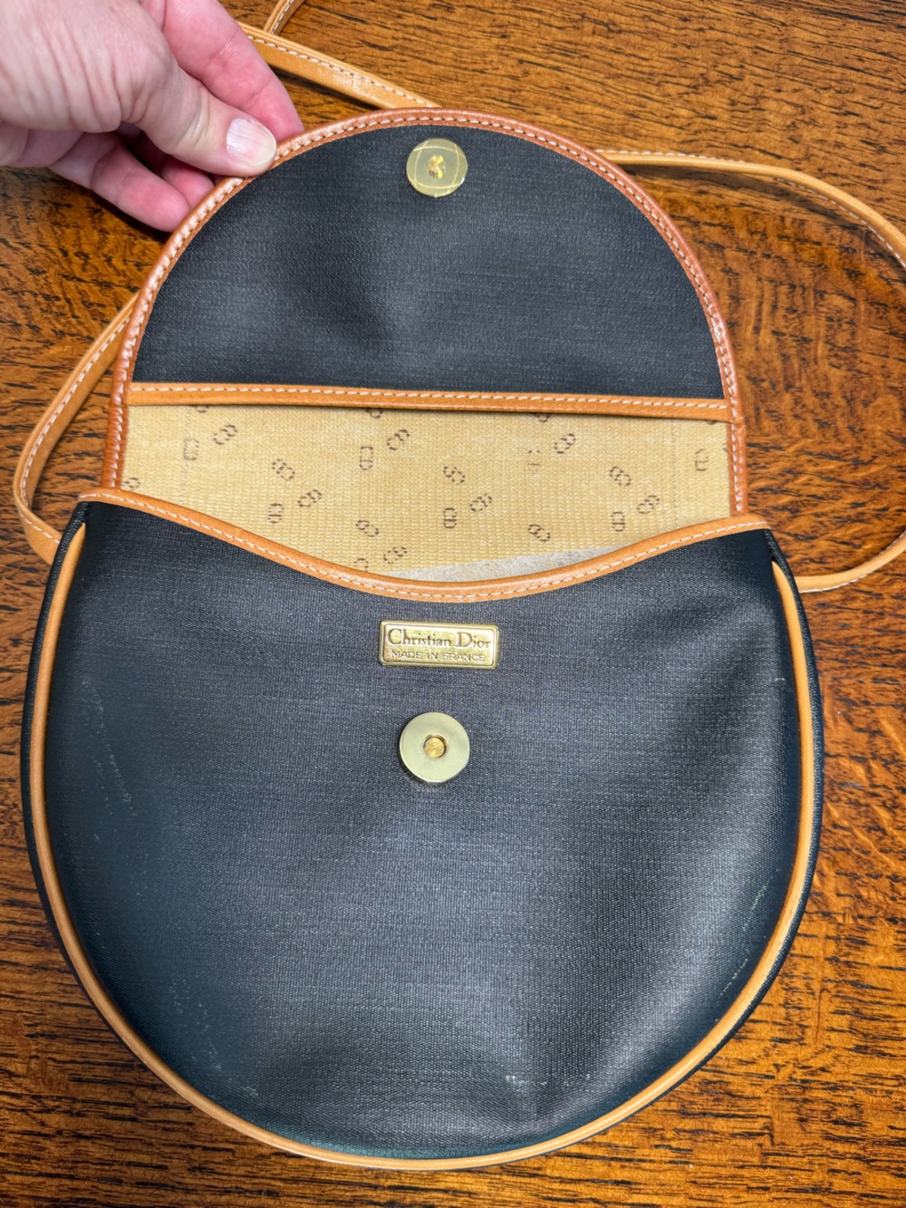 Christian Dior Vintage Black & Tan Canvas w/Leather-Trim Crescent Crossbody - Picture 9 of 11
